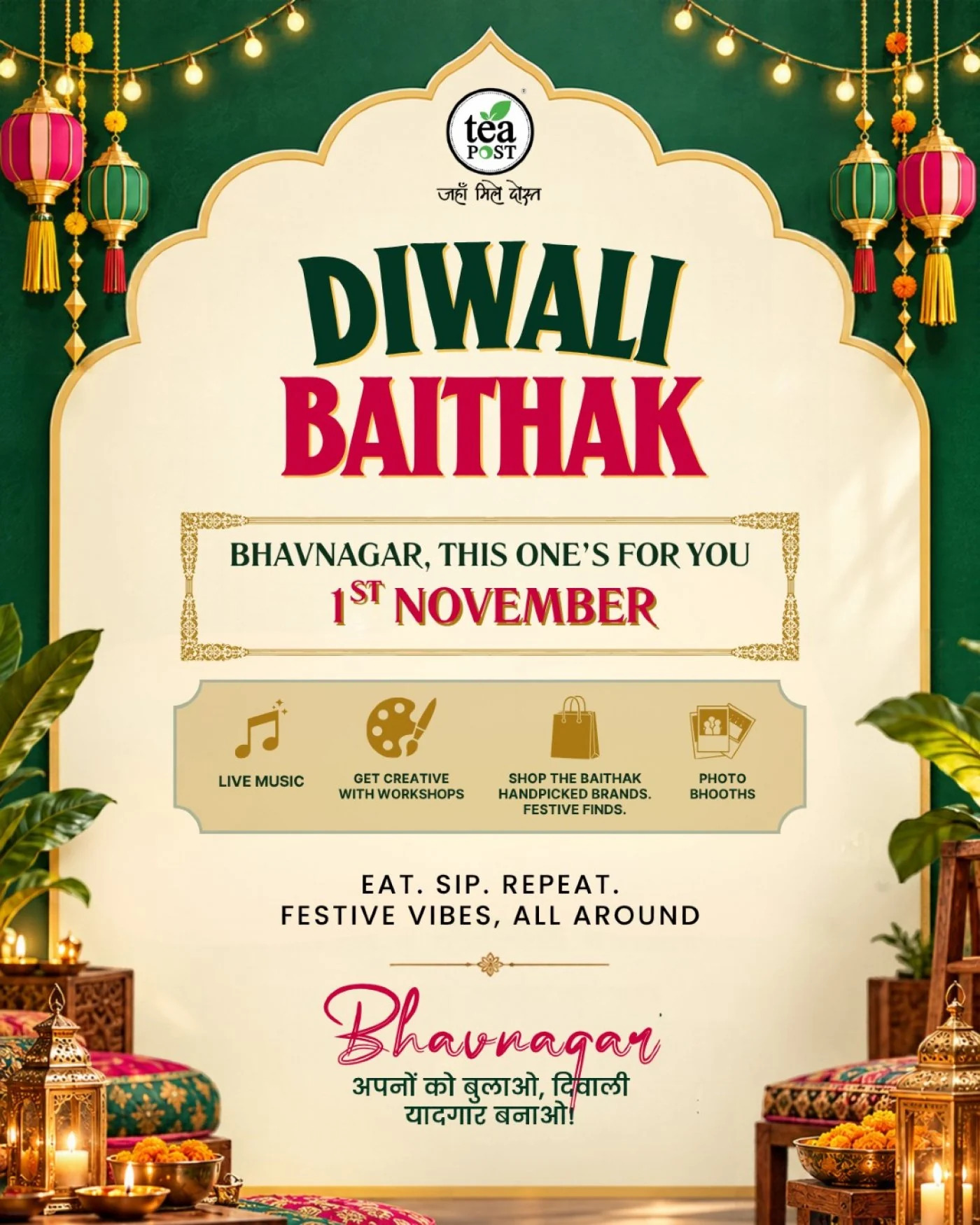 Tea Post Diwali Baithak poster for Bhavnagar on 1 November with live music, workshops, shopping and photo booths