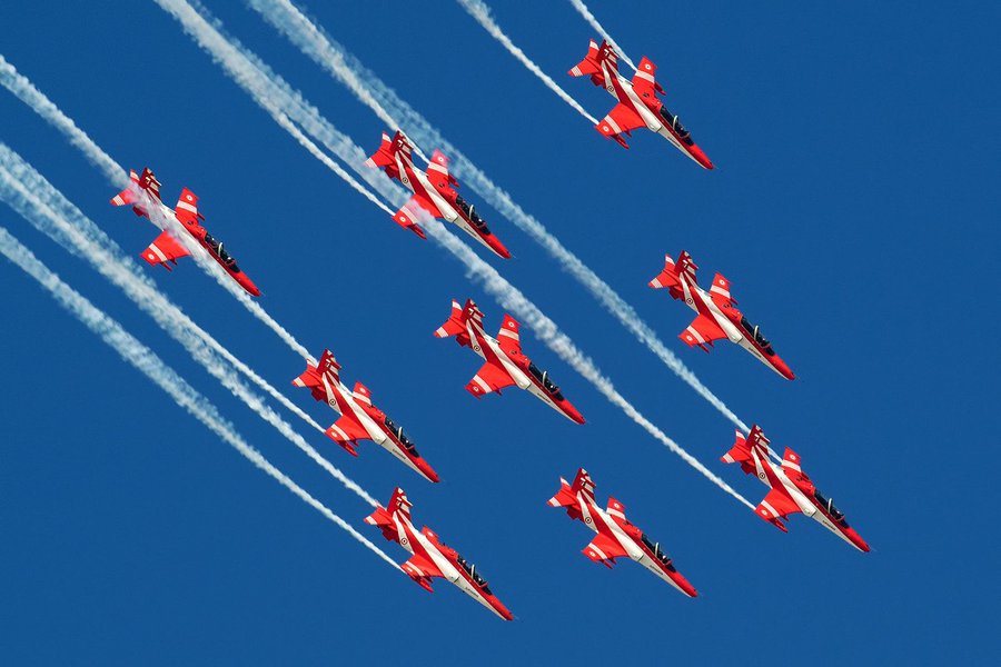 Suryakiran Aerobatic Team jets flying in formation with white smoke trails
