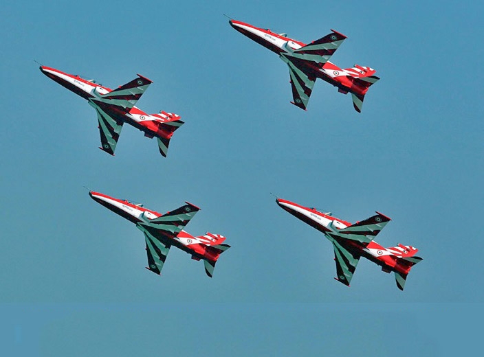 Suryakiran upcoming show at Bhavnagar with red and white Hawk jets in formation