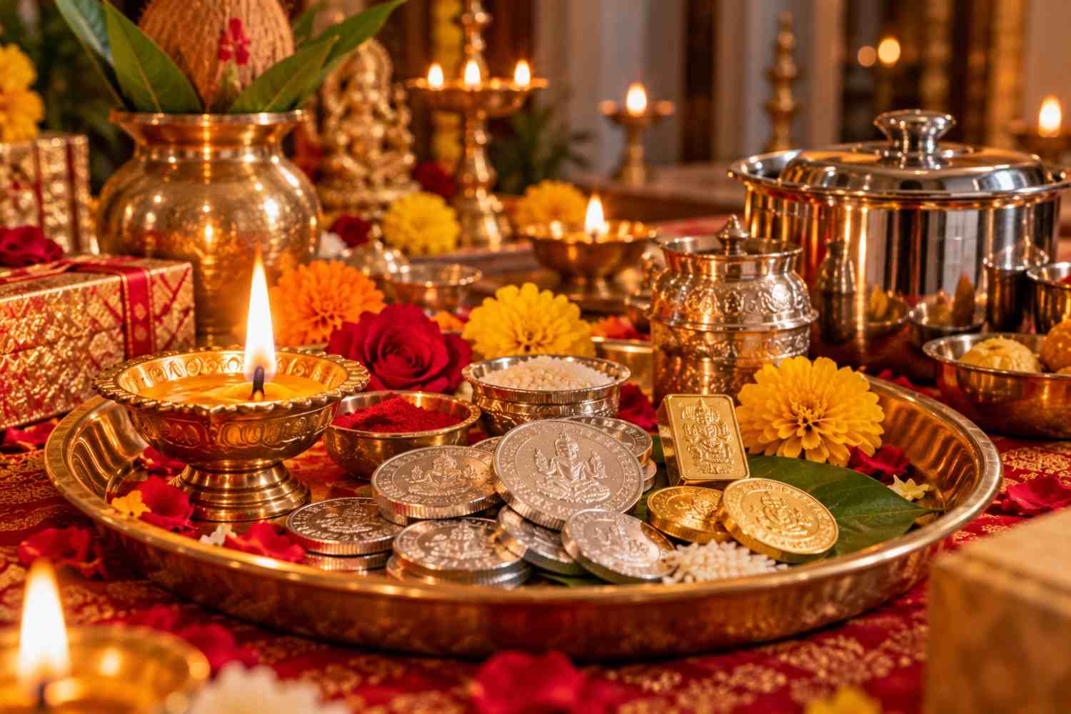 Dhanteras 2026 puja thali with silver coins and new utensils
