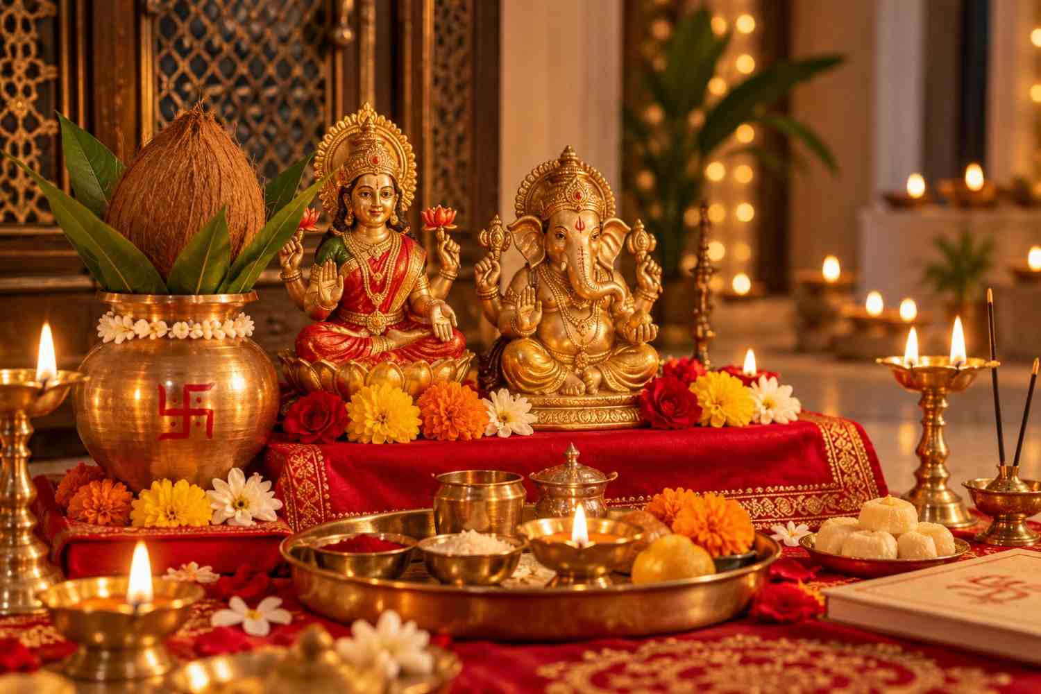 Lakshmi Pujan on Diwali 2026 with Lakshmiji and Ganpati murti