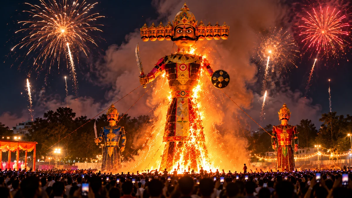 Ravan, Kumbhakaran and Meghnad effigies burning with fireworks on Dussehra